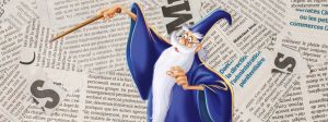 Illustration d'un magicien avec sa baguette sur des morceaux d'articles découpés