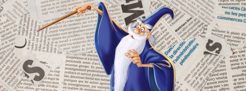 Inverser le sens d’un article en un clic, la solution à la crise de confiance du journalisme ? Illustration d'un magicien avec sa baguette sur des morceaux d'articles découpés