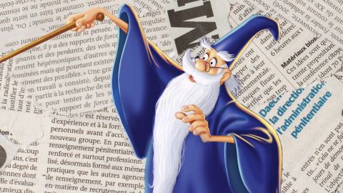 Illustration d'un magicien avec sa baguette sur des morceaux d'articles découpés