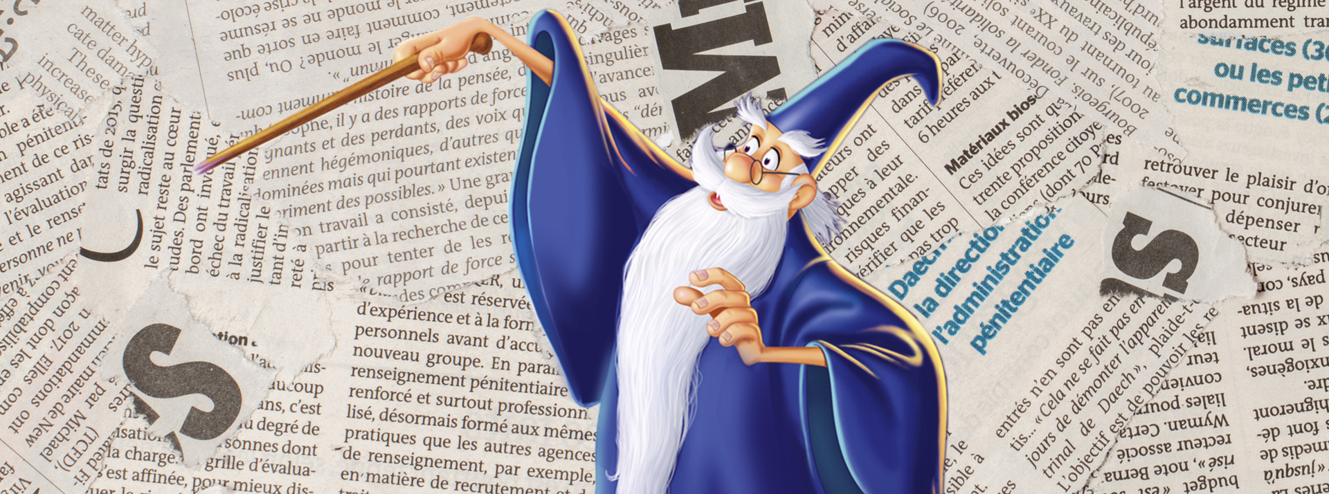 Inverser le sens d’un article en un clic, la solution à la crise de confiance du journalisme ? - L'ADN Illustration d'un magicien avec sa baguette sur des morceaux d'articles découpés