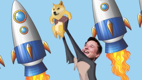 Elon Musk portant un chien Dogecoin à bout de bras