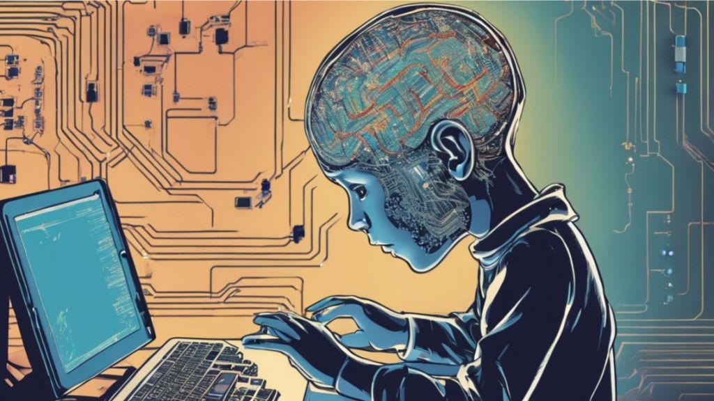 un enfant qui tape sur un ordinateur et dont le cerveau est fait de circuits electriques