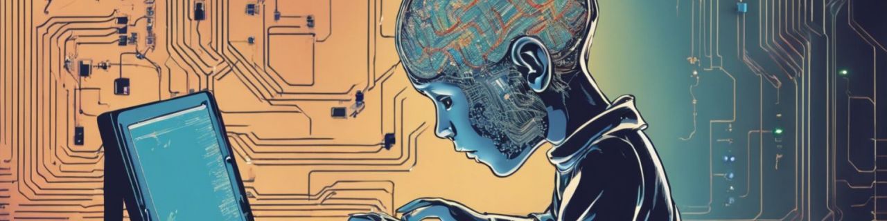 un enfant qui tape sur un ordinateur et dont le cerveau est fait de circuits electriques