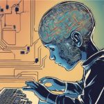 un enfant qui tape sur un ordinateur et dont le cerveau est fait de circuits electriques
