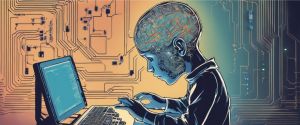un enfant qui tape sur un ordinateur et dont le cerveau est fait de circuits electriques