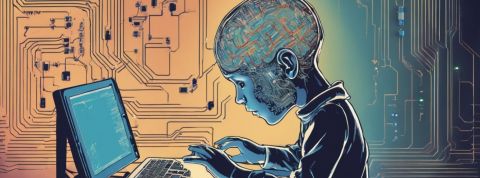 Chat GPT à l'école : « il est inutile d'interdire » d'après la chercheuse Laurence Devillers un enfant qui tape sur un ordinateur et dont le cerveau est fait de circuits electriques