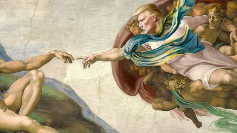 Donald Trump dans La Création d'Adam à la place de Dieu