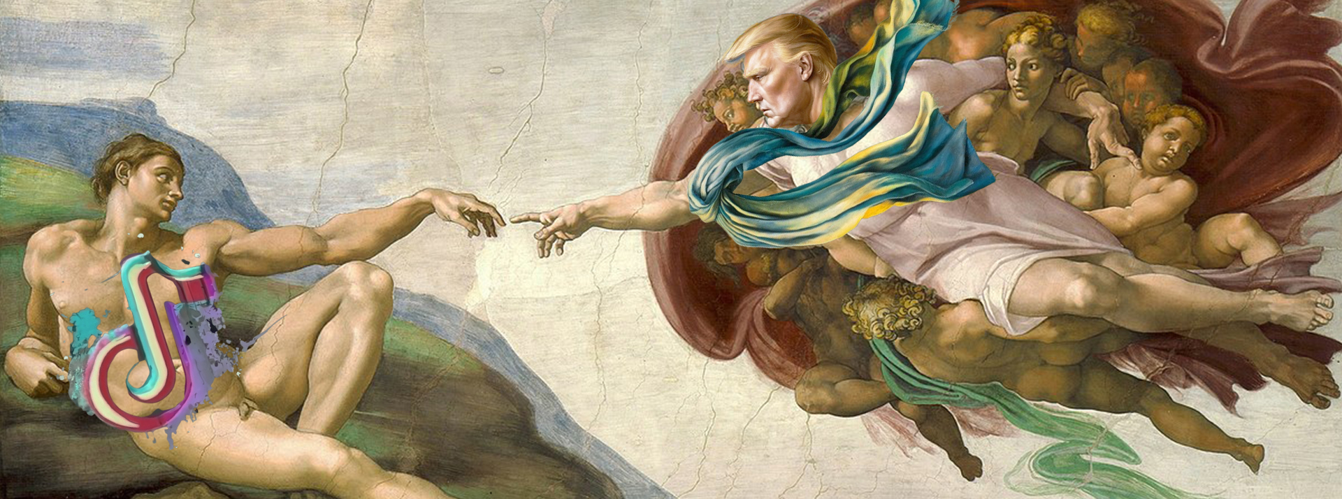 Ban définitif, sauvetage de dernière minute, ou zone grise ? Quel avenir pour TikTok aux États-Unis ? - L'ADN Donald Trump dans La Création d'Adam à la place de Dieu