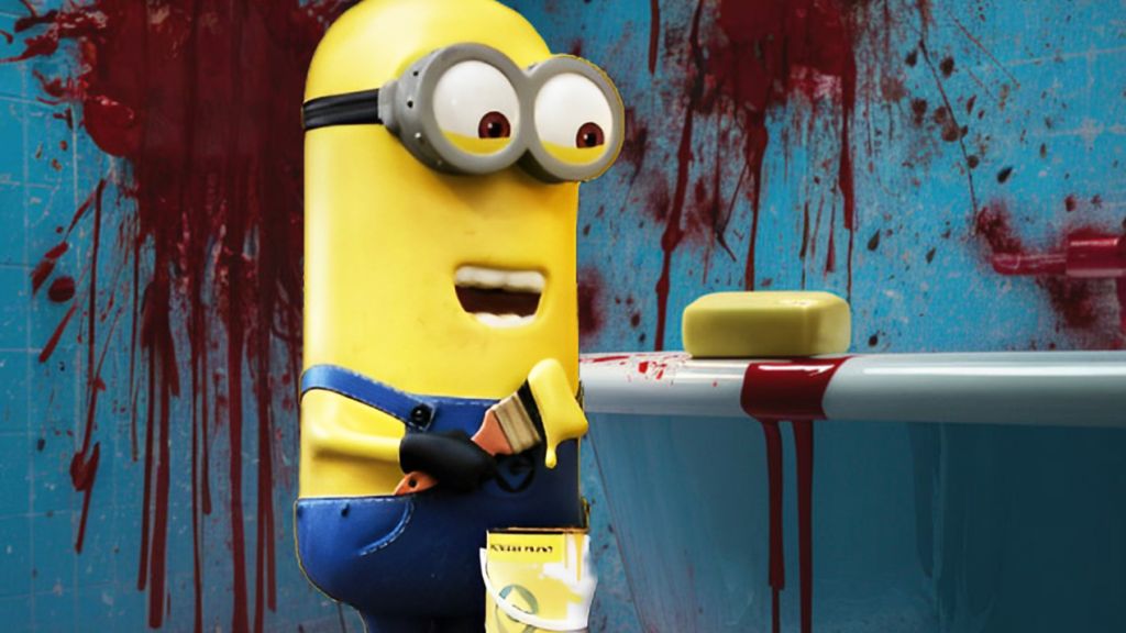 Un Minion ricanant dans une salle de bains ensanglantée