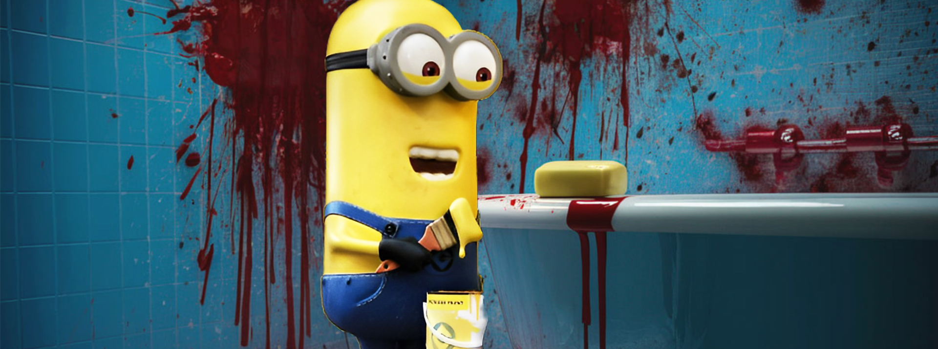 Un Minion ricanant dans une salle de bains ensanglantée