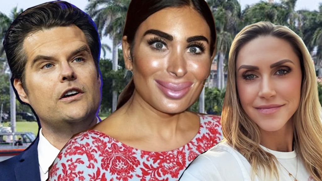 Matt Goetz, Lara Trump et Lura Loomer devant Mar-O-Lago