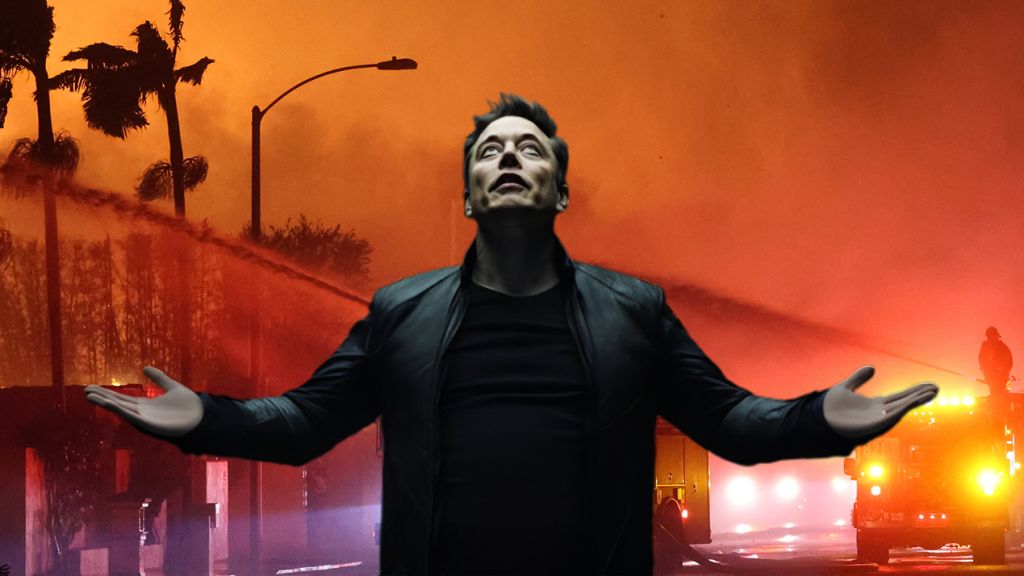 Les feux de Los Angeles avec Elon Musk les bras vers le ciel