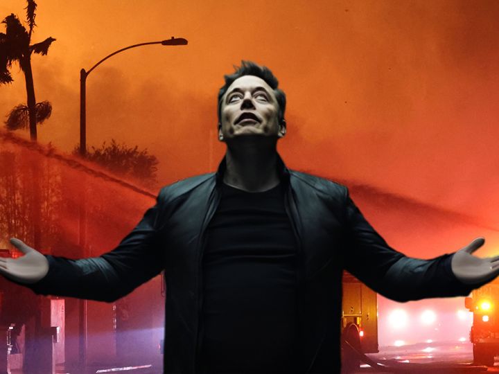 Les feux de Los Angeles avec Elon Musk les bras vers le ciel