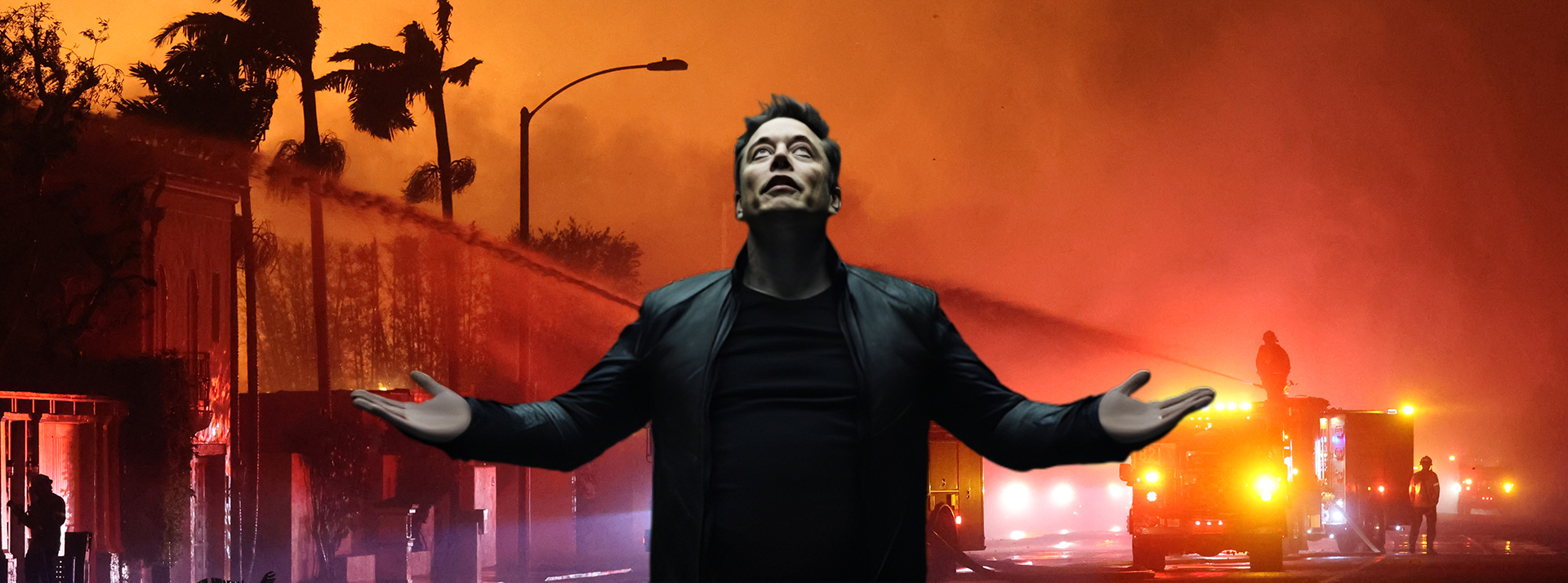 Incendies à Los Angeles : Elon Musk accuse le « wokisme », les internautes pointent du doigts les milliardaires - L'ADN Les feux de Los Angeles avec Elon Musk les bras vers le ciel