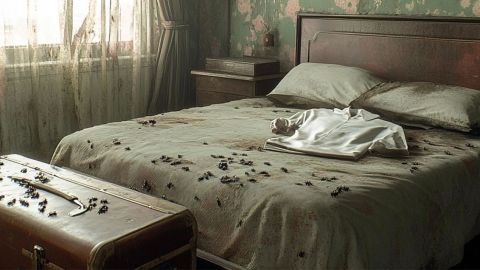 Une chambre d'hotel vuiellote avec des rideaux sales et des punaises de lit qui grouillent sur une valise en cuir et le dessus de lit