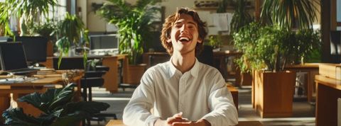 Solopreneurs : ils adorent bosser, pourvu qu’ils soient tout seuls Image par IA d'un jeune homme riant aux éclants seul dans un open space avec des plantes