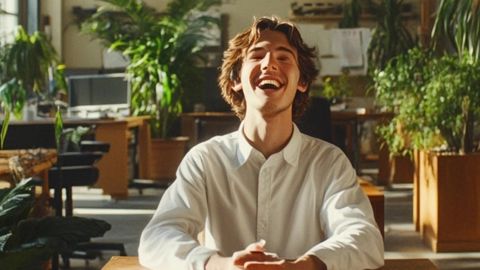 Solopreneurs : ils adorent bosser, pourvu qu’ils soient tout seuls Image par IA d'un jeune homme riant aux éclants seul dans un open space avec des plantes
