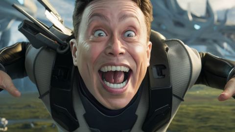 Elon Musk en personnage de jeu vidéo, avec une expression