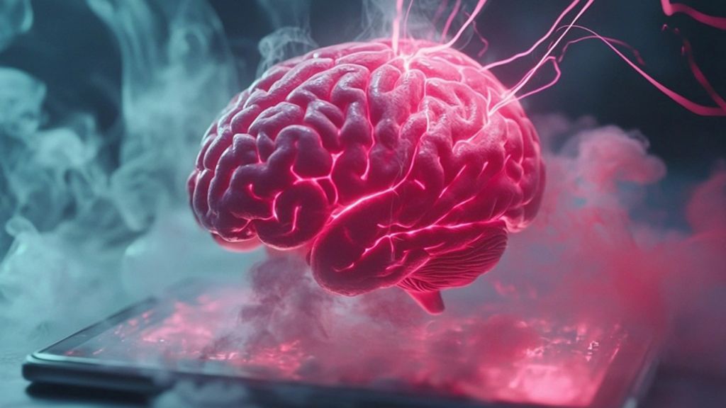 « Brain Rot » : une expression qui en dit long sur l’état de nos cerveaux Un cerveau rose entouré de fumée et connecté à une tablette est en feu à l'intérieur