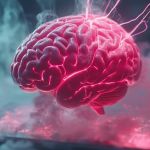 Un cerveau rose entouré de fumée et connecté à une tablette est en feu à l'intérieur