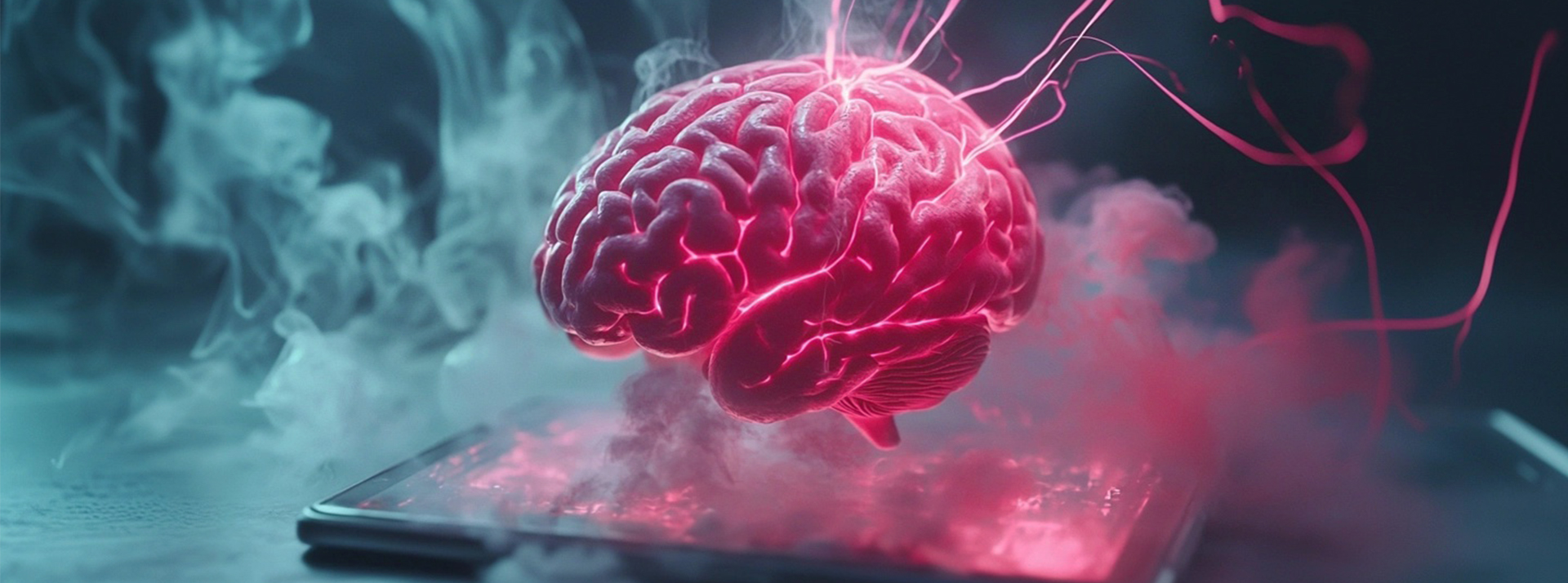 « Brain Rot » : une expression qui en dit long sur l’état de nos cerveaux - L'ADN Un cerveau rose entouré de fumée et connecté à une tablette est en feu à l'intérieur