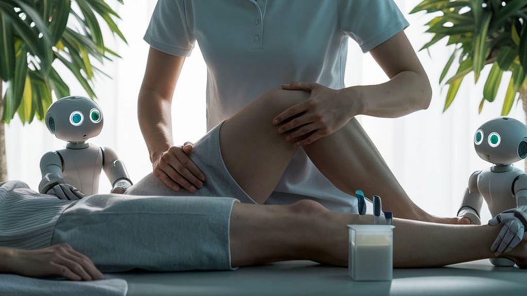 Les mains d'une kiné sur la jambe d'un apitent, avec deux petits robots pour l'aider