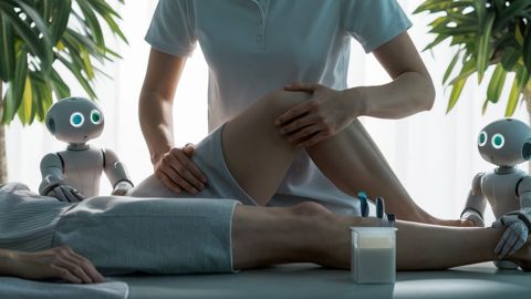 Les mains d'une kiné sur la jambe d'un apitent, avec deux petits robots pour l'aider