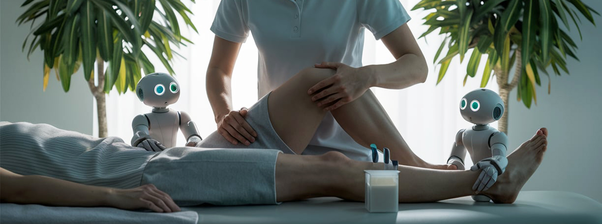 Les mains d'une kiné sur la jambe d'un apitent, avec deux petits robots pour l'aider