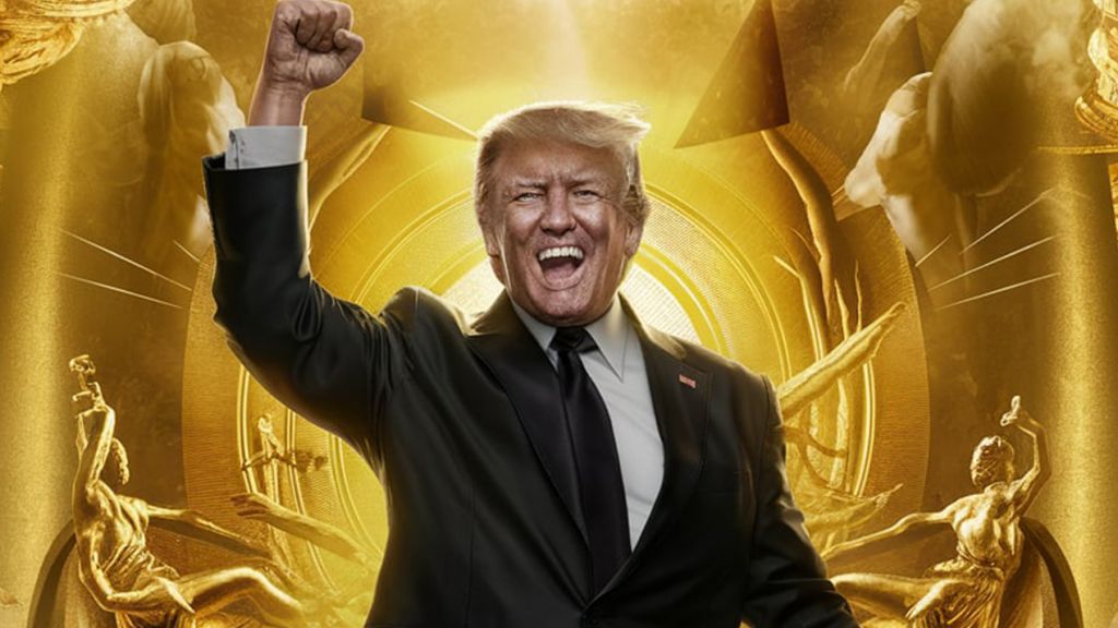 Shitcoincratie : en lançant son memecoin, Trump inaugure une nouvelle ère TRump le poing levé dans une pièce où tout est en or (image par IA)
