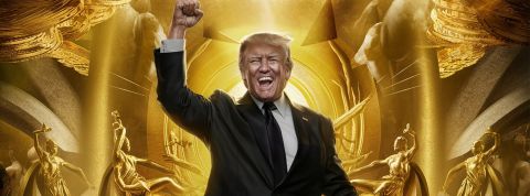 Shitcoincratie : en lançant son memecoin, Trump inaugure une nouvelle ère TRump le poing levé dans une pièce où tout est en or (image par IA)
