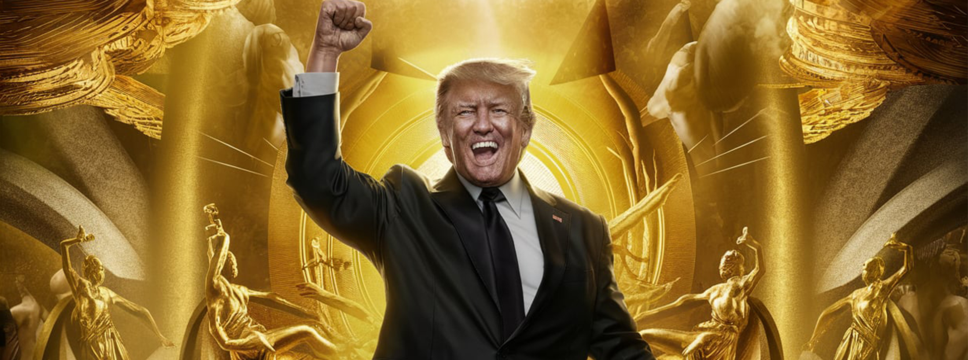 Shitcoincratie : en lançant son memecoin, Trump inaugure une nouvelle ère - L'ADN TRump le poing levé dans une pièce où tout est en or (image par IA)