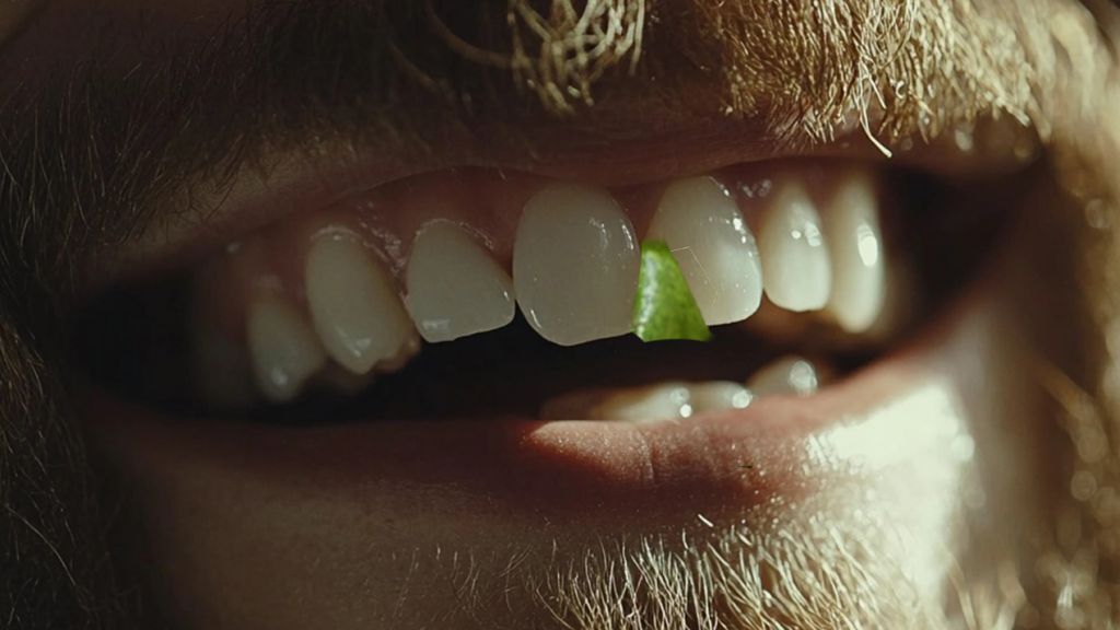 Le sourire d'un homme barbu avec un bout de salade coincé entre les dents