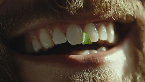 Le sourire d'un homme barbu avec un bout de salade coincé entre les dents