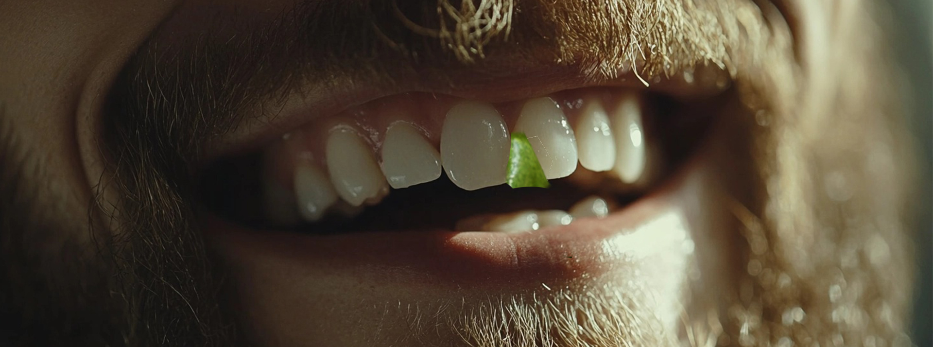 Le « ick », cet ennemi de la romance d’après pour la GenZ - L'ADN Le sourire d'un homme barbu avec un bout de salade coincé entre les dents