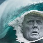 Une énorme vague avec le visage de Donald Trump dans l'écume