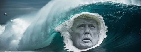 Les Américains s’arment contre le tsunami d’information provoqué par l’administration Trump Une énorme vague avec le visage de Donald Trump dans l'écume