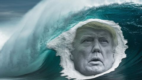 Une énorme vague avec le visage de Donald Trump dans l'écume