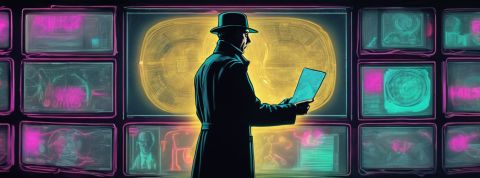 une silhouette devant un tas d'écrans