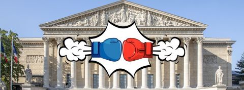 Bordel à l'Assemblée nationale : les réseaux sociaux sont-ils vraiment coupables ? La façade du palais Bourbon et deux gants de boxe en cartoon