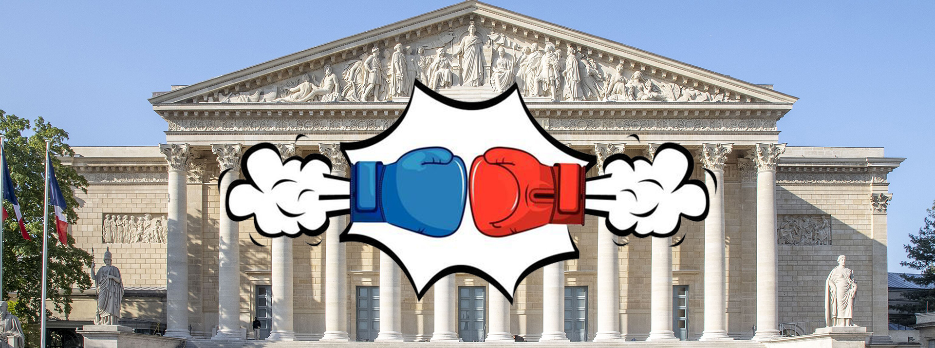 Bordel à l'Assemblée nationale : les réseaux sociaux sont-ils vraiment coupables ? - L'ADN La façade du palais Bourbon et deux gants de boxe en cartoon