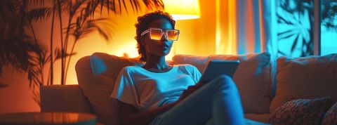 Voyager depuis son canapé : un bonheur plus simple qu’il n’y paraît Une filel avec des lunetets de soleil dans son canapé avec sa tablette et en fond un palmier