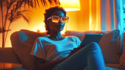 Une filel avec des lunetets de soleil dans son canapé avec sa tablette et en fond un palmier