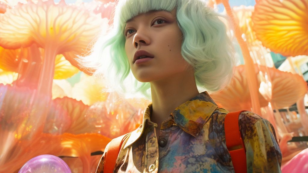 Ilmage IA d'une jeune femme aux cheveux verts pales entourée de champignons géants aux couleurs psychédéliques