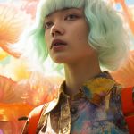 Ilmage IA d'une jeune femme aux cheveux verts pales entourée de champignons géants aux couleurs psychédéliques