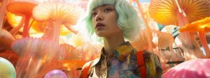Ilmage IA d'une jeune femme aux cheveux verts pales entourée de champignons géants aux couleurs psychédéliques