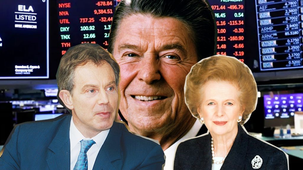 Tony Blair, Donald Reagan, Margaret Thatcher devant les écrans de Wall Street