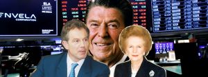 Tony Blair, Donald Reagan, Margaret Thatcher devant les écrans de Wall Street