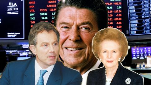 Tony Blair, Donald Reagan, Margaret Thatcher devant les écrans de Wall Street
