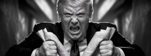 Une image N&B faite par IA de Trump super énervé qui déchire un journal