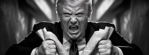 Une image N&B faite par IA de Trump super énervé qui déchire un journal